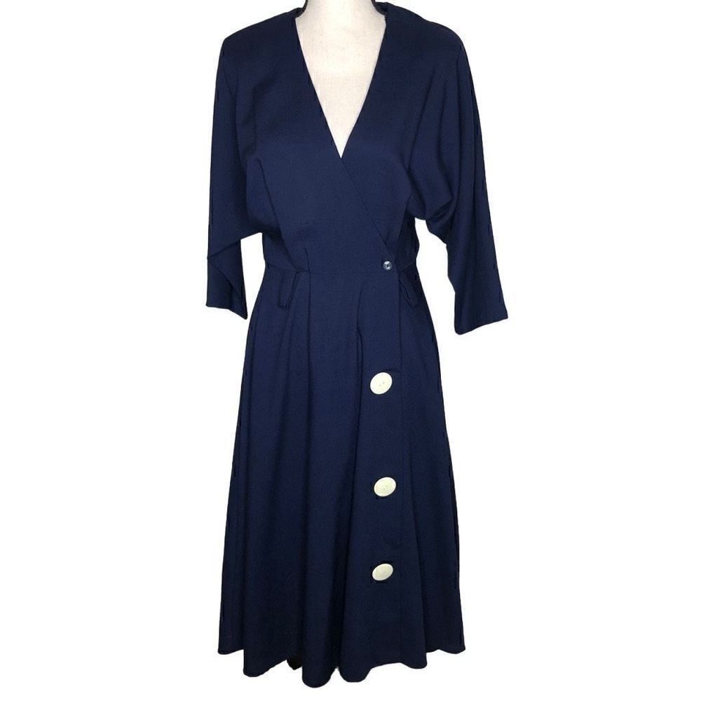 Vintage Hamells Navy Blue Dolman Sleeve Fit and Flare Midi Dress Size 14